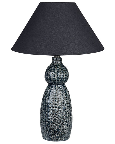 Table Lamp Dark Blue Black Ceramic Base Fabric Shade Ambient Lighting Bedside Table Lamp Beliani