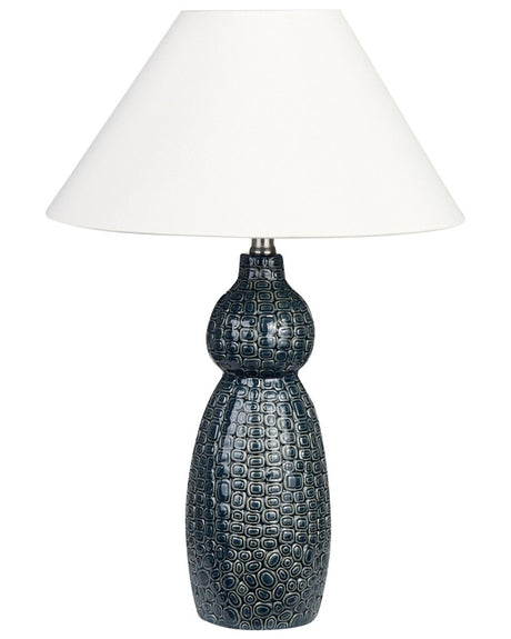 Table Lamp Dark Blue White Ceramic Base Fabric Shade Ambient Lighting Bedside Table Lamp Beliani