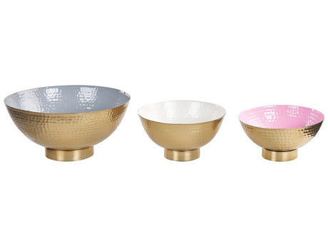 Set of 3 Decorative Bowls Gold Metal Hammered Finish Round Accent Bowl Design Beliani