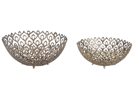 Set of 2 Decorative Bowls Gold Metal Round Accent Bowl Openwork Design Beliani