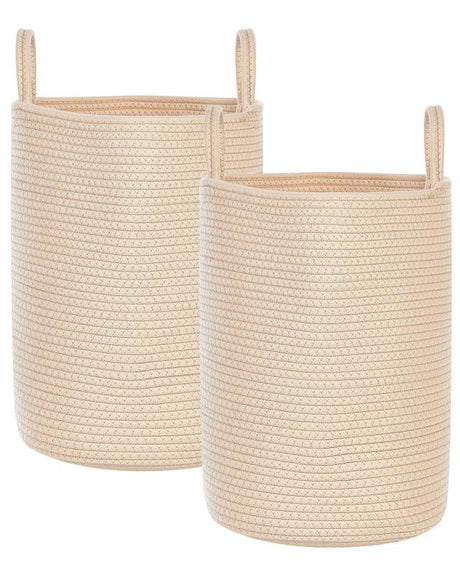 Set of 2 Storage Baskets Beige Cotton Handmade with Handles Solid Colour Laundry Hamper Fabric Bin Beliani