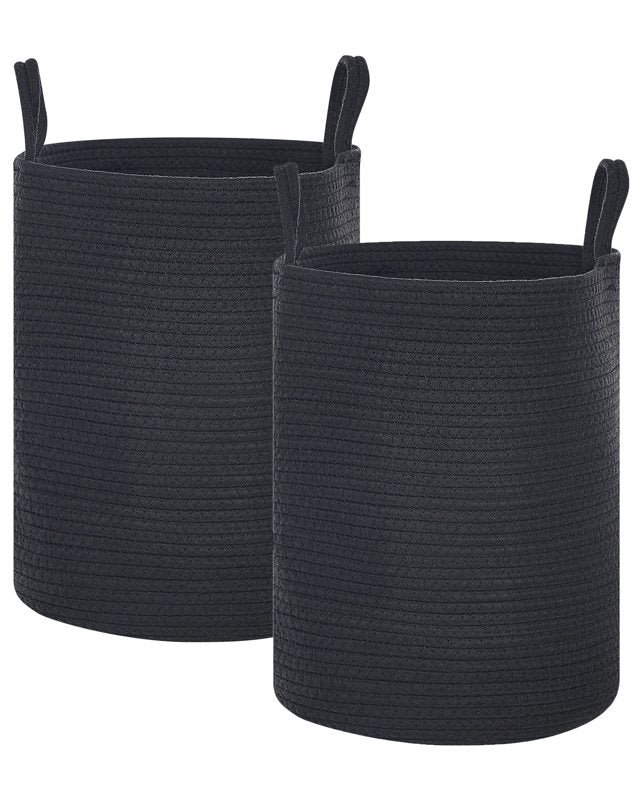 Set of 2 Storage Baskets Black Cotton Handmade with Handles Solid Colour Laundry Hamper Fabric Bin Beliani