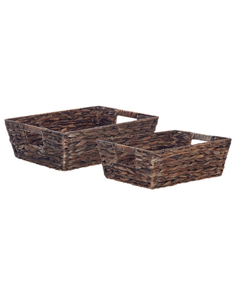 Set of 2 Storage Baskets Brown Water Hyacinth Handmade with Handles Shelving Box Retro Design Beliani