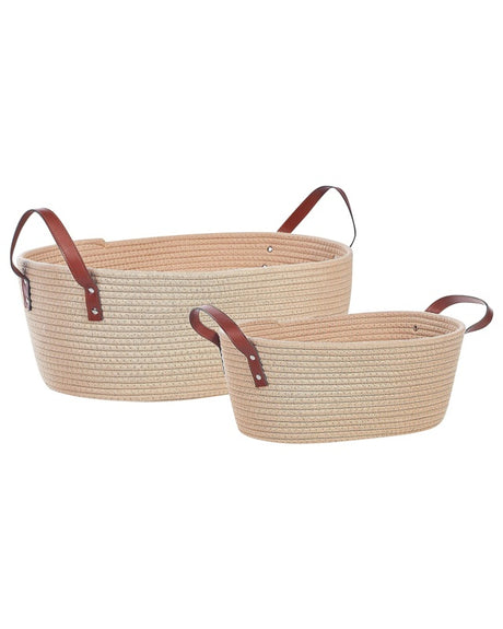 Set of 2 Storage Baskets Beige Cotton Handmade with PU Leather Handles Shelving Box Beliani