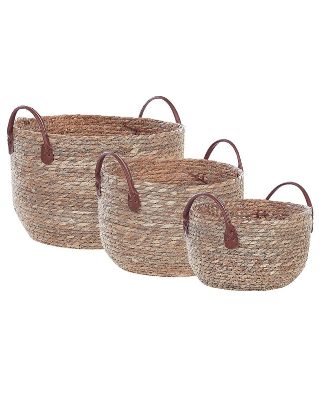 Set of 3 Storage Baskets Natural Seagrass with PU Leather Handles Boho Style Beliani