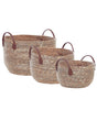 Set of 3 Storage Baskets Natural Seagrass with PU Leather Handles Boho Style Beliani