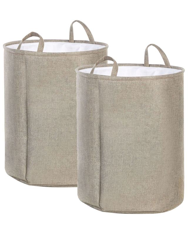 Set of 2 Storage Basket Beige Polyester Cotton with Drawstring Cover Laundry Bin Practical Accessories Beliani