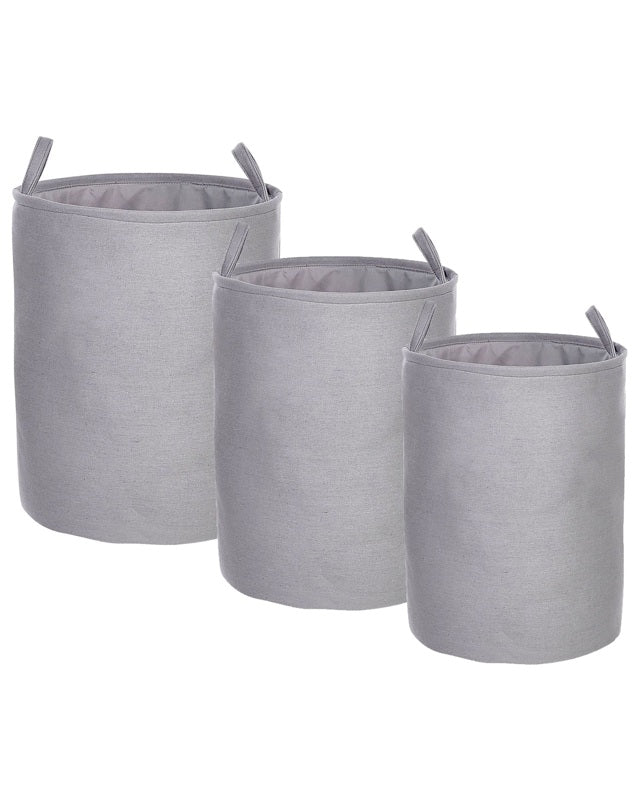 Set of 3 Storage Basket Grey Polyester Cotton with Drawstring Cover Laundry Bin Practical Accessories Beliani