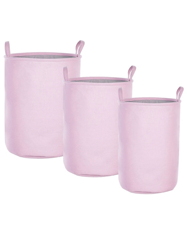 Set of 3 Storage Basket Pink Polyester Cotton with Drawstring Cover Laundry Bin Practical Accessories Beliani