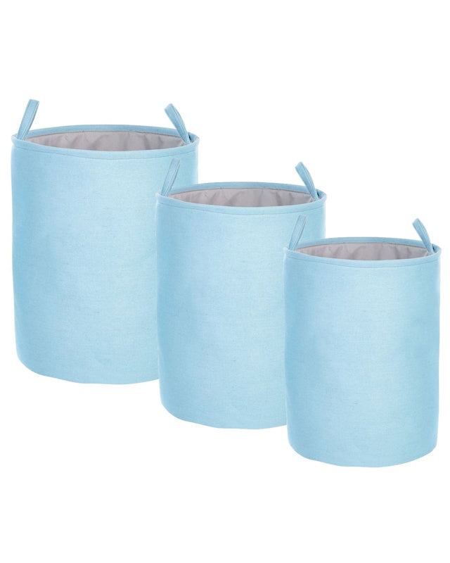 Set of 3 Storage Basket Blue Polyester Cotton with Drawstring Cover Laundry Bin Practical Accessories Beliani