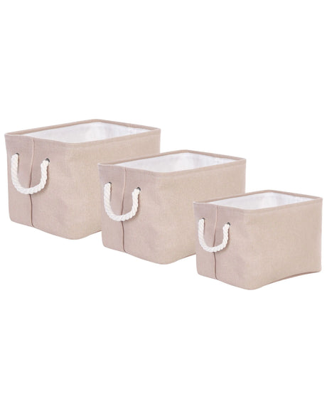 Set of 3 Storage Baskets Polyester Cotton Beige Laundry Bins Organization with Handles Traditional Living Room Bedroom Beliani