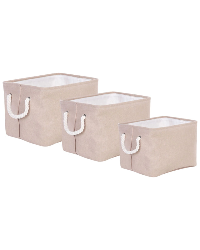 Set of 3 Storage Baskets Polyester Cotton Beige Laundry Bins Organization with Handles Traditional Living Room Bedroom Beliani