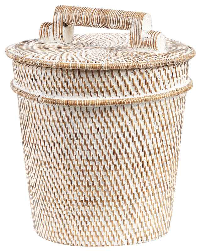 Basket White Rattan Painted 21 cm Height Home Storage with Lid Boho Rustic Decor Painted Beliani