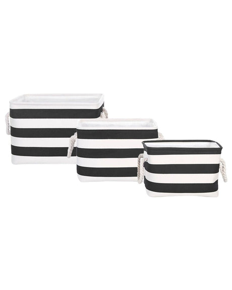 Set of 3 Storage Baskets Polyester Cotton Black and White Laundry Bins Organization with Handles Traditional Living Room Bedroom Beliani