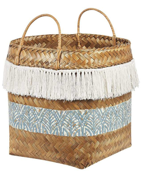 Basket Natural Bamboo 42 cm Height Pattern Home Storage with Handles Boho Rustic Decor Beliani