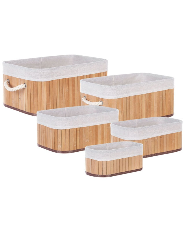 Set of 5 Baskets Light Wood Natural Bamboo Wood Polyester with Handles Various Sizes Boho Modern Storage Accessory Beliani