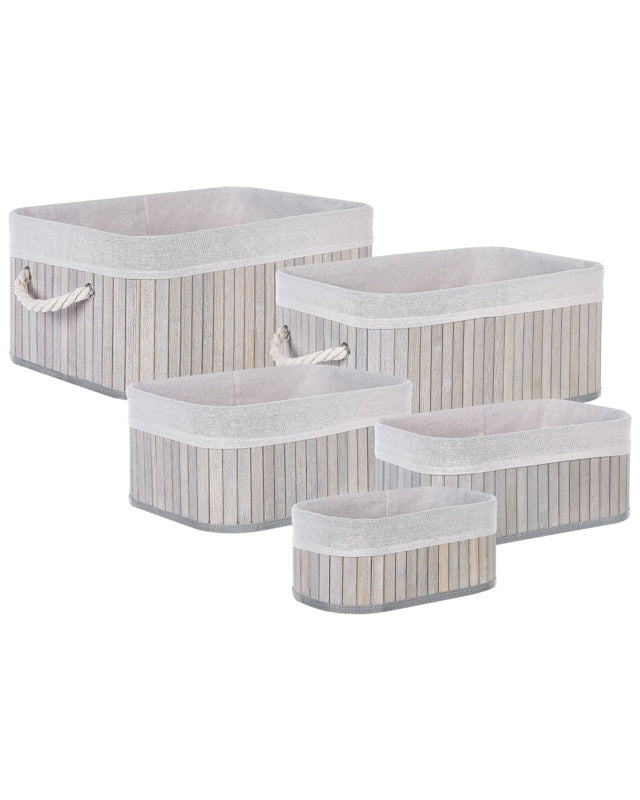 Set of 5 Baskets Grey Natural Bamboo Wood Polyester with Handles Various Sizes Boho Modern Storage Accessory Beliani