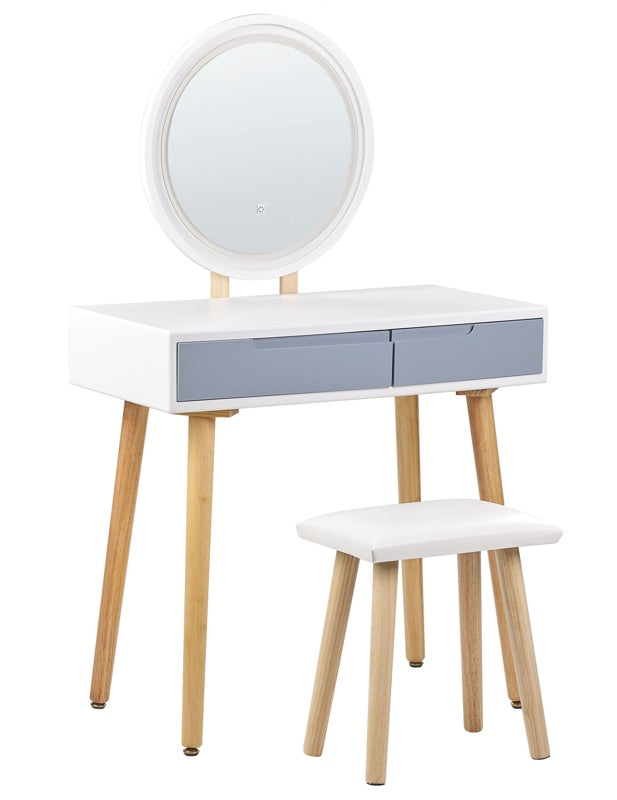 Dressing Table Set White Manufactured Wood Top Wooden Legs Round LED Mirror 2 Drawers Beliani