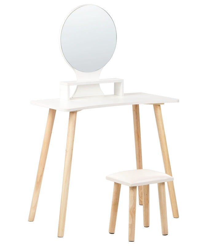 Dressing Table Set White Manufactured Wood Top Wooden Legs Round Mirror  Beliani