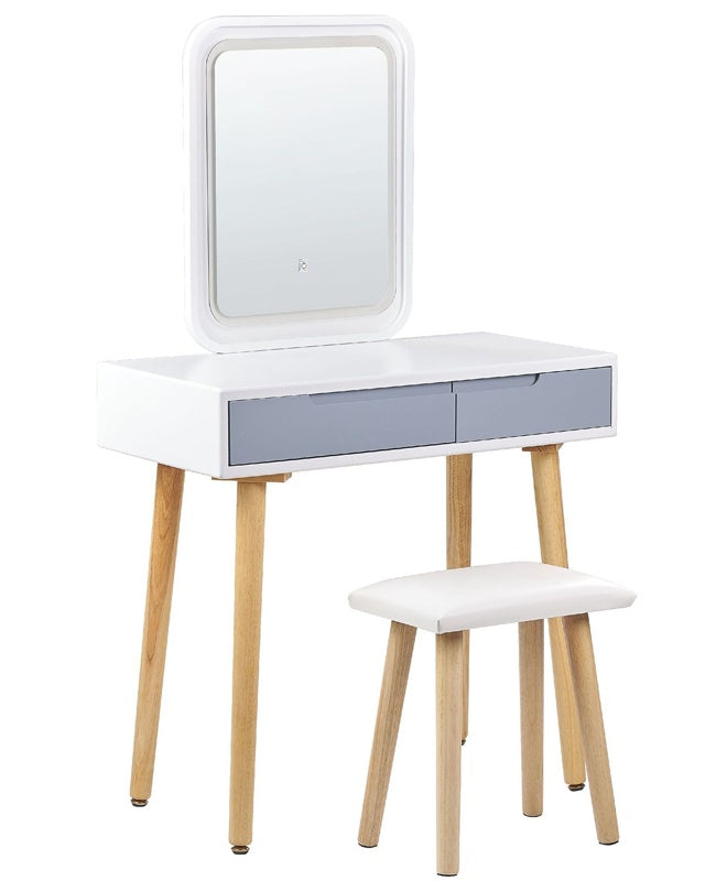 Dressing Table Set White Manufactured Wood Top Wooden Legs LED Mirror with Storage and 2 Drawers Beliani