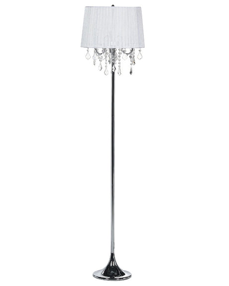 Floor Lamp White Polycotton 170 cm Drum Shade Crystal Beads Beliani