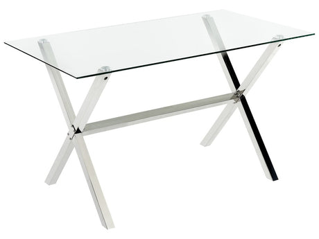 Dining table tempered glass silver glossy finish metal legs 130 x 70 cm rectangular glam Beliani