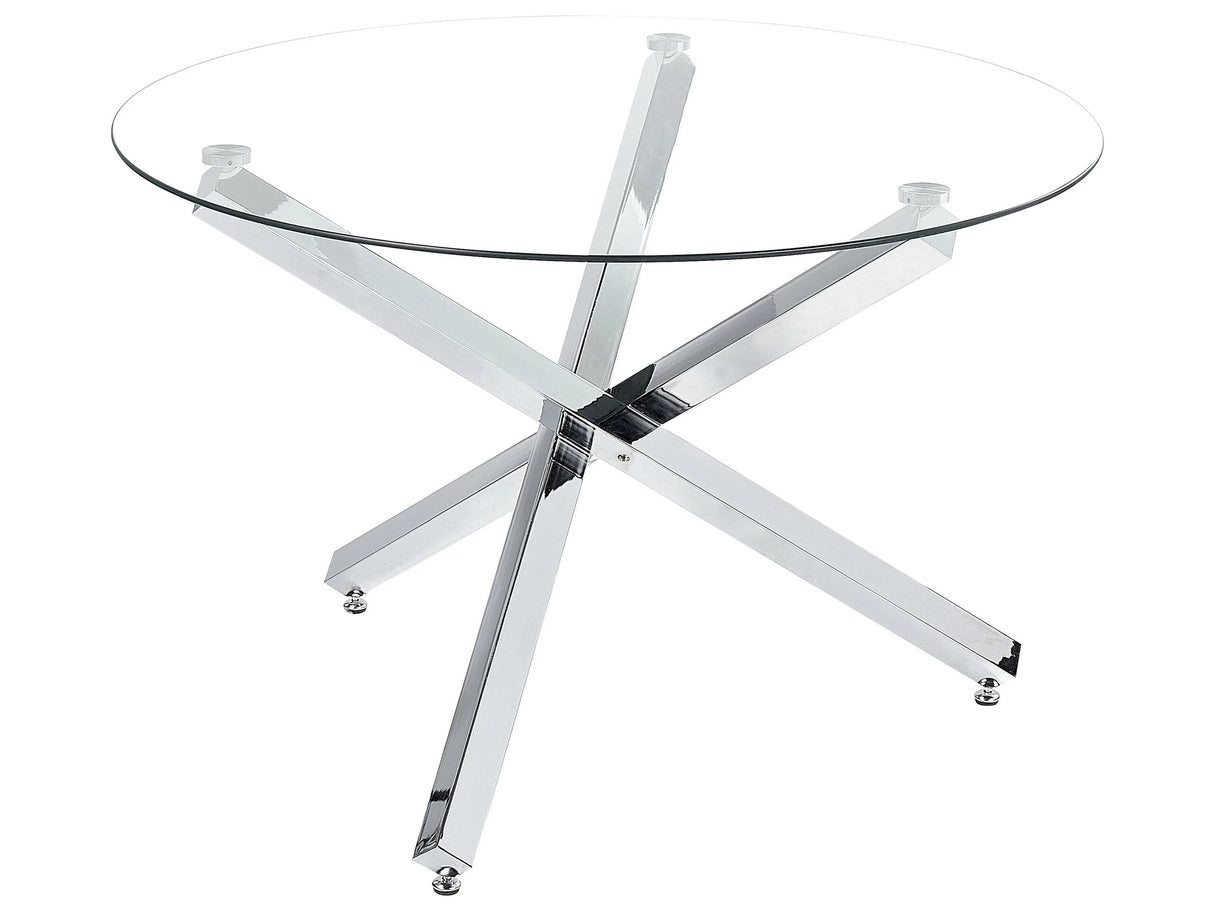 Dining Table Silver Metal Base Glass Top  110 cm Round Modern Beliani