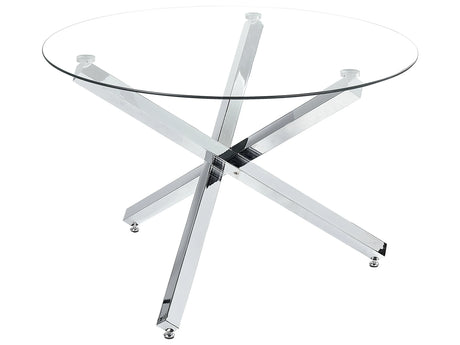 Dining Table Silver Metal Base Glass Top  110 cm Round Modern Beliani