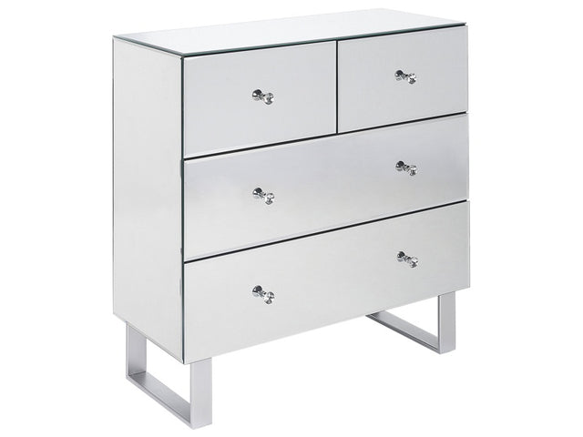 4 Drawer Chest Silver Glass Mirrored Faux Crystal Knob Metal Sled Base Sideboard Glam Beliani