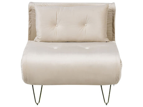 Small Sofa Bed Beige Velvet 1 Seater Fold-Out Sleeper Armless With Cushion Metal Gold Legs Glamour Beliani