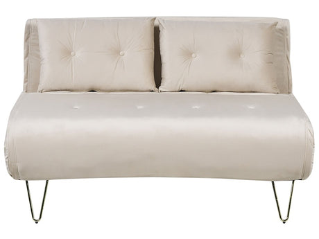 Sofa Bed Beige Velvet 2 Seater Fold-Out Sleeper Armless With 2 Cushions Metal Gold Legs Glamour Beliani