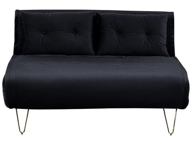 Sofa Bed Black Velvet 2 Seater Fold-Out Sleeper Armless With 2 Cushions Metal Gold Legs Glamour Beliani