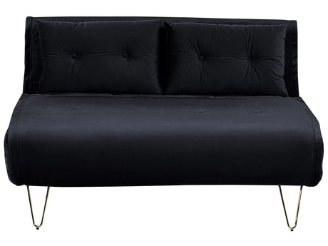 Sofa Bed Black Velvet 2 Seater Fold-Out Sleeper Armless With 2 Cushions Metal Gold Legs Glamour Beliani