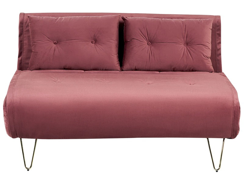 Sofa Bed Pink Velvet 2 Seater Fold-Out Sleeper Armless With 2 Cushions Metal Gold Legs Glamour Beliani