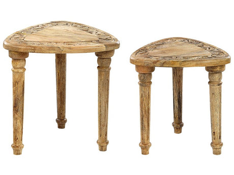 Nest of 2 Side Tables Natural with Carved Top Triangular Frame Living Room Rustic Beliani