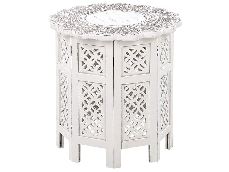 Side Table Off-White with Carved Pattern Mango Wood ⌀ 44 cm Living Room Hallway Rustic Oriental Beliani