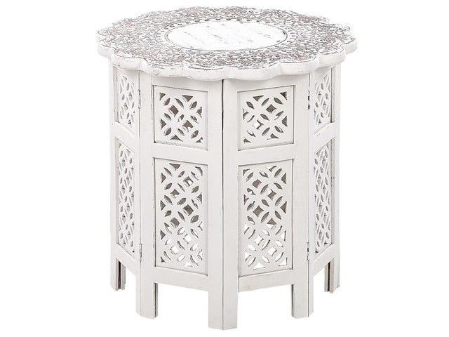 Side Table Off-White with Carved Pattern Mango Wood ⌀ 44 cm Living Room Hallway Rustic Oriental Beliani