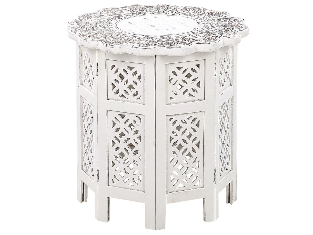 Side Table Off-White with Carved Pattern Mango Wood  44 cm Living Room Hallway Rustic Oriental Beliani