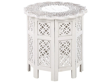 Side Table Off-White with Carved Pattern Mango Wood  44 cm Living Room Hallway Rustic Oriental Beliani