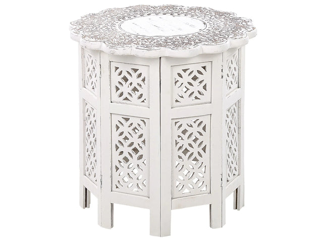 Side Table Off-White with Carved Pattern Mango Wood  44 cm Living Room Hallway Rustic Oriental Beliani