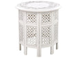 Side Table White with Carved Pattern Distressed Effect Living Room Hallway Rustic Oriental  Beliani