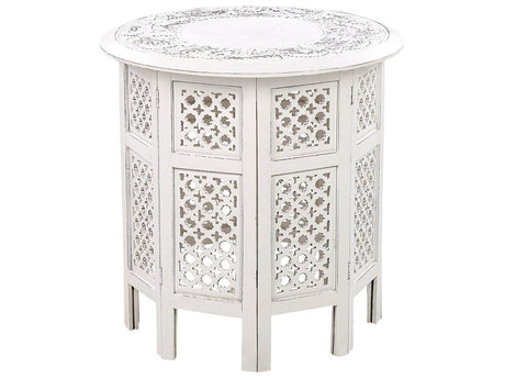 Side Table White with Carved Pattern Distressed Effect Living Room Hallway Rustic Oriental  Beliani