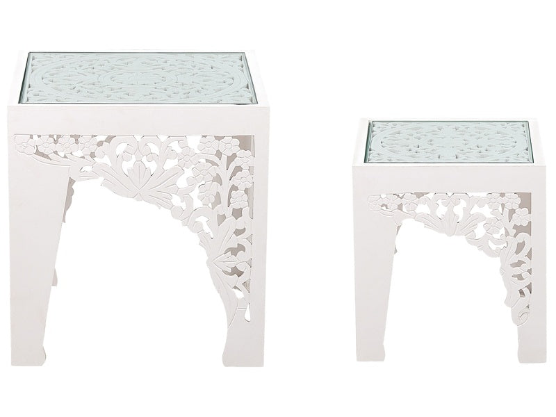 Nest of 2 Side Tables White with Carved Pattern Glass Tabletops Living Room Hallway Rustic Oriental  Beliani