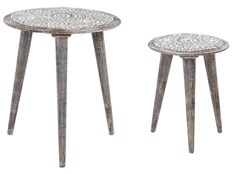 Side Table Grey and White with Carved Pattern Distressed Effect Living Room Hallway Vintage Beliani