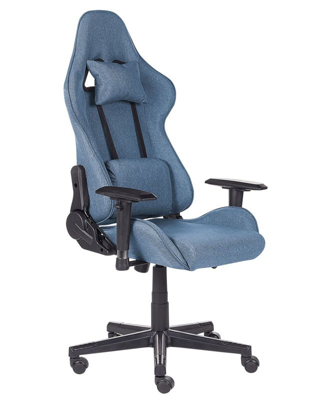 Gaming Chair Blue Fabric Swivel Adjustable Armrests and Height Footrest Modern Beliani