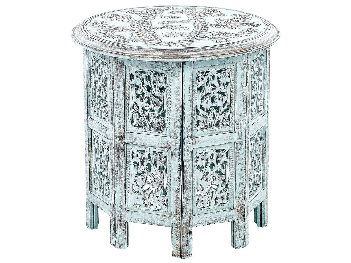 Side Table Blue Mango Wood Distressed Round Top Base  45 cm Vintage Rustic Design Beliani