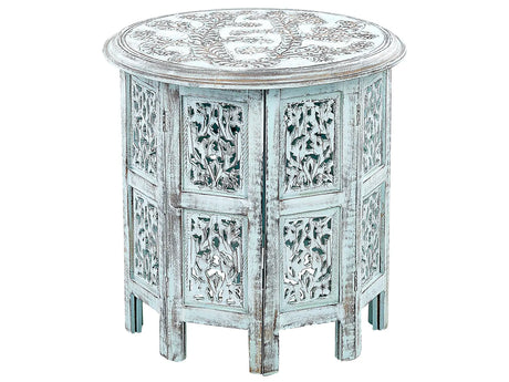 Side Table Blue Mango Wood Distressed Round Top Base  45 cm Vintage Rustic Design Beliani