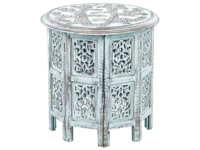 Side Table Blue Mango Wood Distressed Round Top Base  45 cm Vintage Rustic Design Beliani