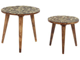 Set of 2 Nesting Side Tables Dark Wood and Gold Mango Round Vintage End Side Tables for Living Room Retro Beliani