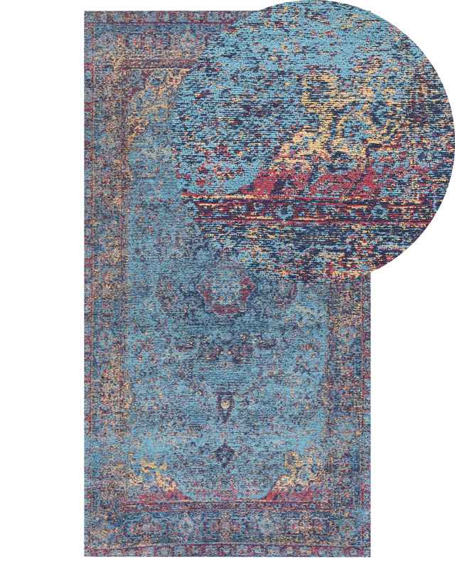 Area Rug Blue Cotton Polyester 80 x 150 cm Oriental Pattern Distressed Vintage Home Decor Beliani